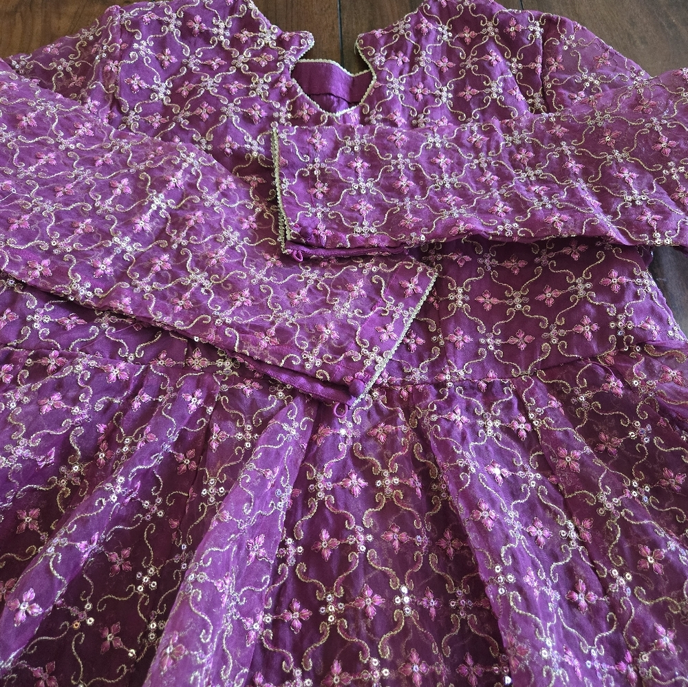 Embroidered 2 Piece Peplum Top n Palazzo Pant Gold Purple Party Wear Dress - Picture 8 of 14